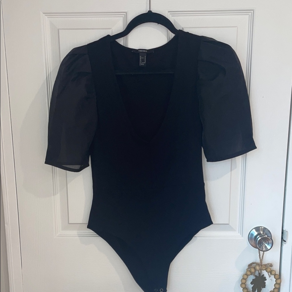 Forever 21 Sheer Puff Sleeve Black Bodysuit